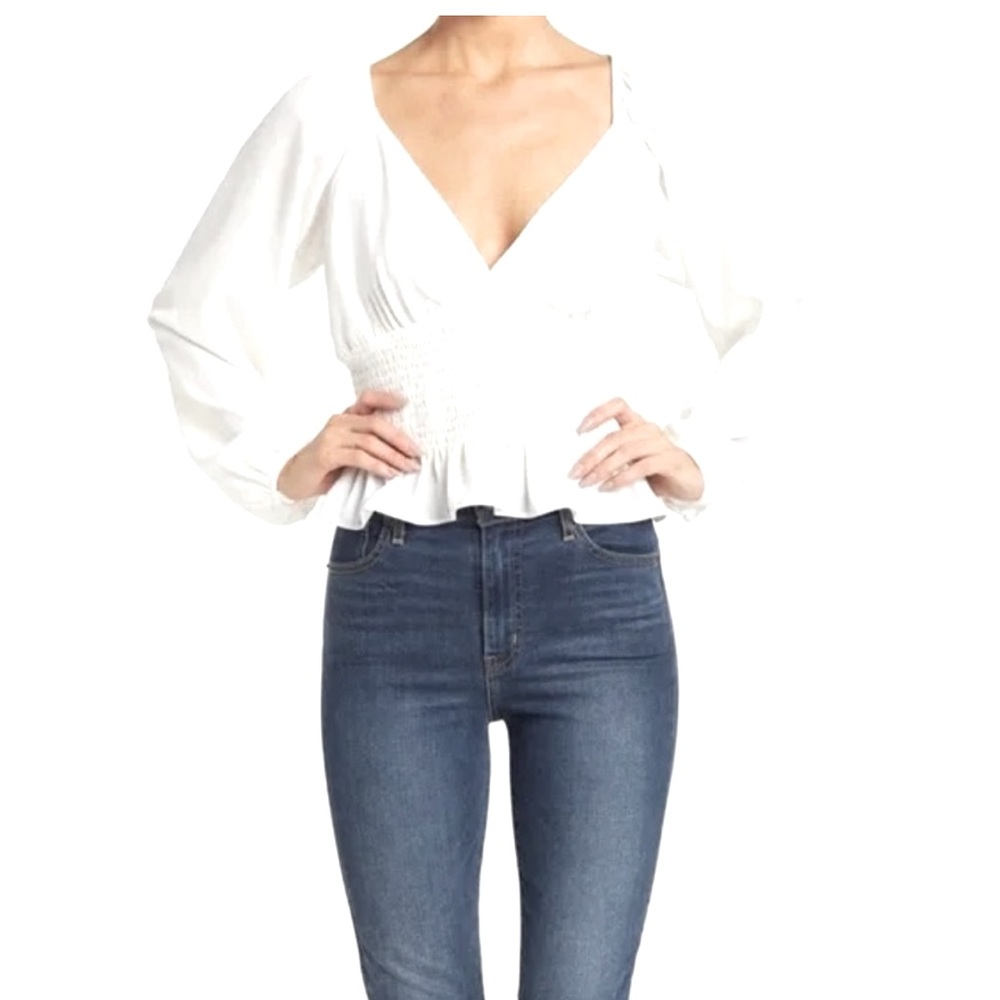 Wayf Woman’s Smocked Waist Raglan Top,Long Sleeve,V-Neck,White Color,Size Large